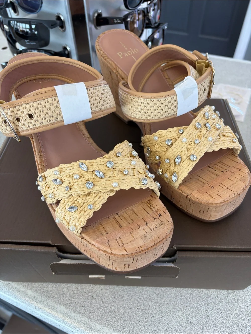 Paolo Natural Raffia Braided Crystal Cork Wedge Sandals